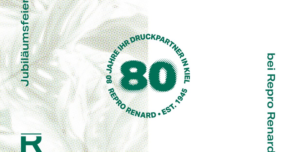 Ein Banner mit einer 80 in der Mitte und einem Schriftzug "Jubiläumsfeier bei Repro Renard