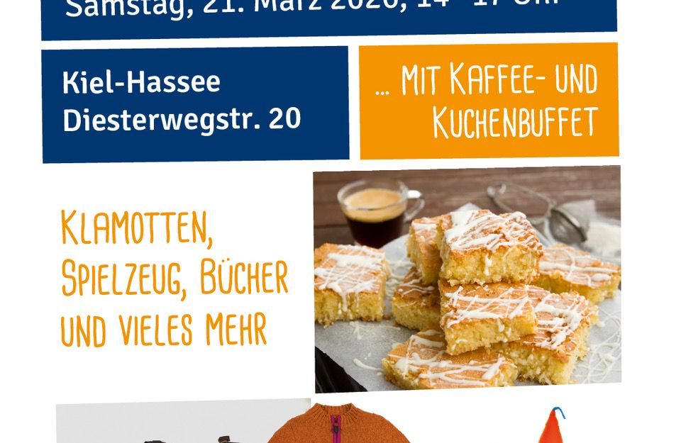 Einladung zum Flohmarkt. Plakat mit Spielzeugen und Kinderkleidung.