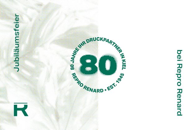 Ein Banner mit einer 80 in der Mitte und einem Schriftzug "Jubiläumsfeier bei Repro Renard